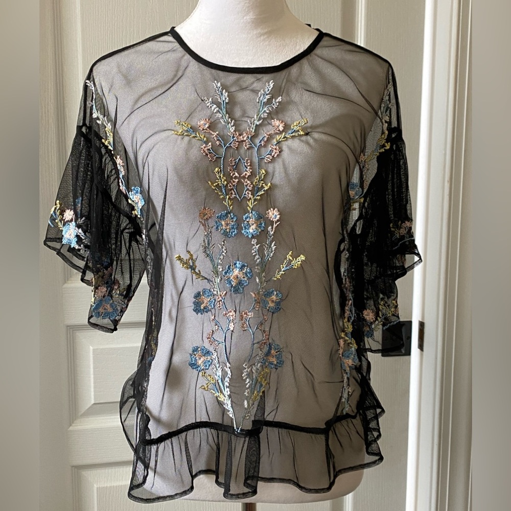 NWT Kaari Blue black sheer mesh blouse size XS.